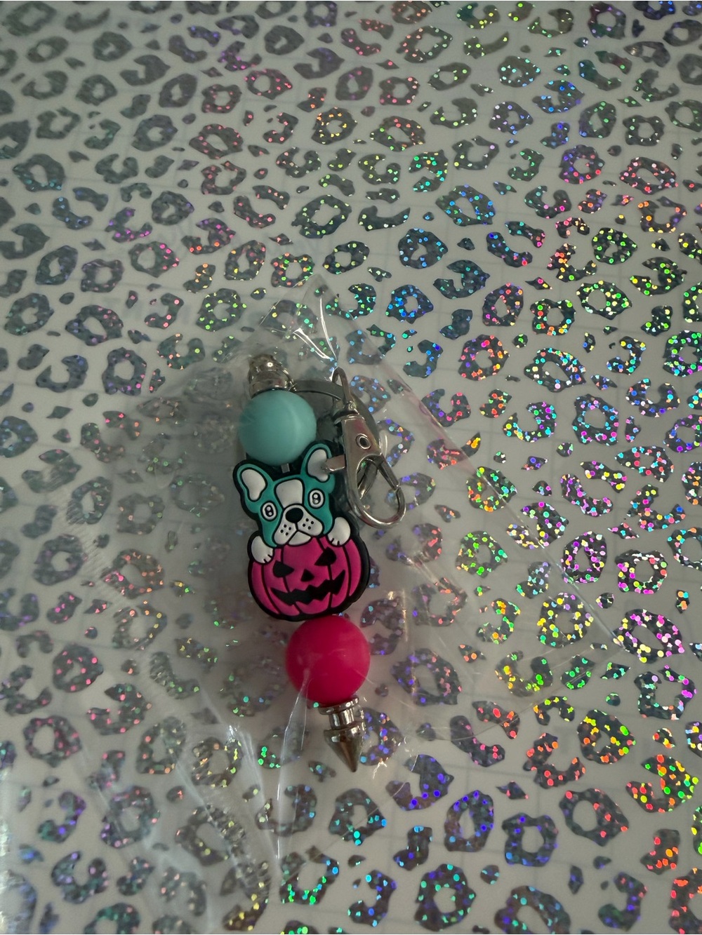 Kids Halloween Bulldog Pumpkin Keychain Charm - Pink & Teal